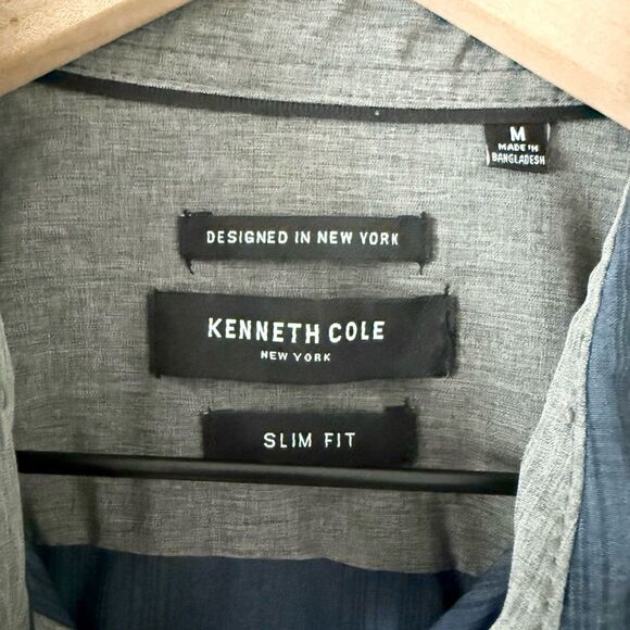 Kenneth Cole Slim Fit Button Down Performance Material in Navy Plaid - Size M - Picture 4 of 6